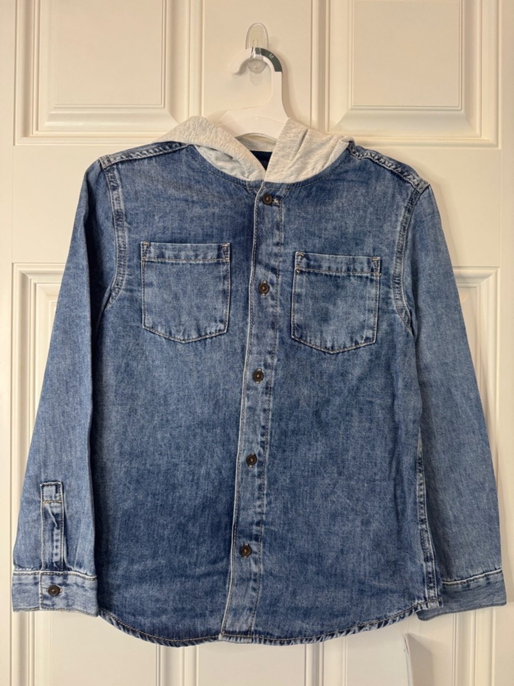 Cat & Jack Denim Button-Up Shirt with Gray Hood Boys Size Medium (8) New NWT